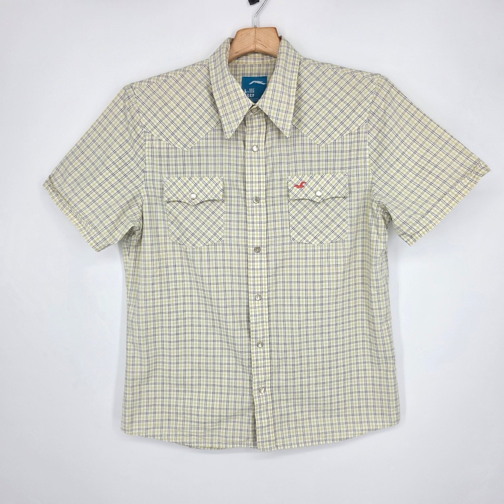 Y2K Hollister Mens Green Plaid Short Sleeve Western Snap Button Down Shirt Large
